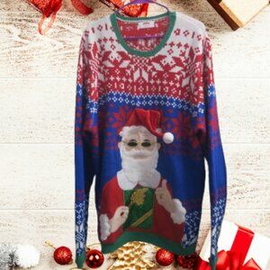Holiday Time ugly christmas sweater santa with thumb up red, blue, white gren